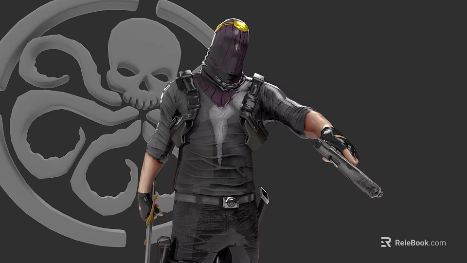 Purple Masked Game Movie Character Yellow Goggles Tactical Outfit Holding Weapon Skull Octopus Logo Background 3d model 