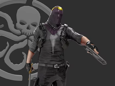 Purple Masked Game Movie Character Yellow Goggles Tactical Outfit Holding Weapon Skull Octopus Logo Background 3d model