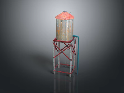 Vintage Metal Water Tower With Red Roof Red Stand And Blue Pipe 3d model