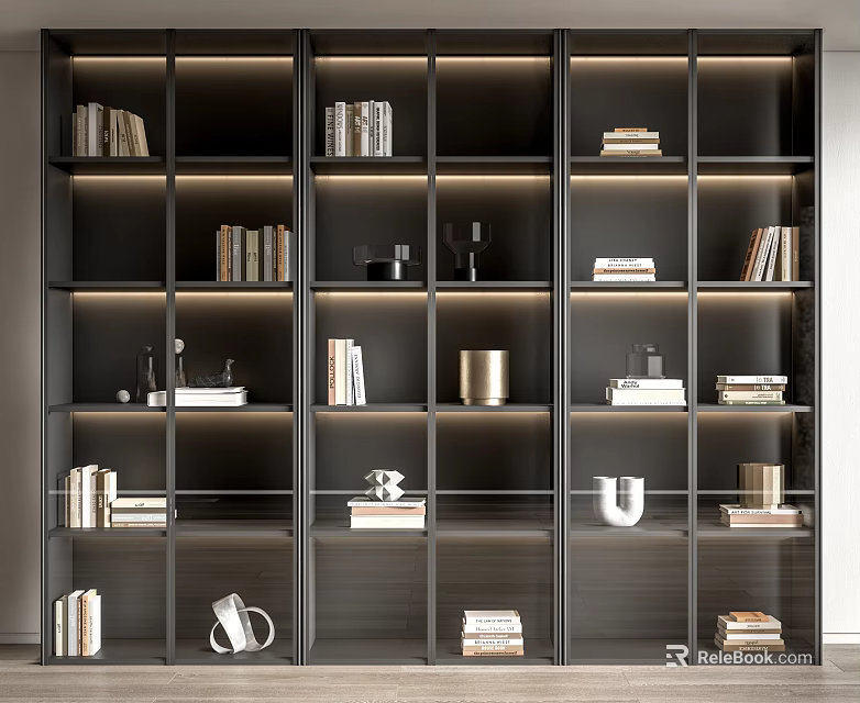 Modern Bookshelf With Built in Lighting Multiple Shelves Books And Decorative Items 3d model 