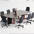 Black Rectangular Conference Table With Six Gray Swivel Office Chairs And Decorative Vase 3d model