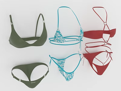 Fashionable Bikini Sets With Green Blue Red Colors And Patterned Strappy Designs 3d model