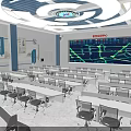 Modern Conference Room Interior With Large Digital Screen Data Charts Arranged Tables And Chairs