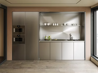 Modern Kitchen With Stainless Steel Cabinets Wooden Accents Built-in Appliances And Countertop Sink 3d model