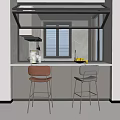 Modern Kitchen Interior With Two Orange Gray Bar Stools Window Blinds And Countertop Fruit