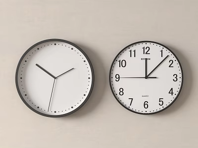 Two Wall Clocks Minimalist Dot Markers Numeric Dial Black Frames White Faces On White Wall 3d model