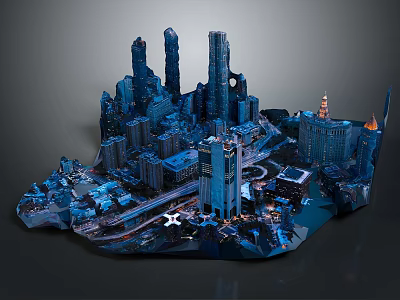 Realistic Urban Model Featuring Skyscrapers Night View Roads And Lighting Effects 3d model