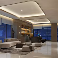 Modern Office Interior With Large Windows Comfortable Sofa Coffee Tables Bookshelves And Lighting Design