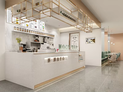 Modern Milk Tea Shop Interior With White Counter Gold Accents And Hanging Shelves 3d model