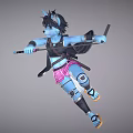 Anthropomorphic Blue Wolf Warrior Holding Sword And Shield In Battle Stance With Pink Skirt