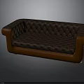 Elegant Classic Brown Leather Sofa With Tufted Design And Orange Armrests