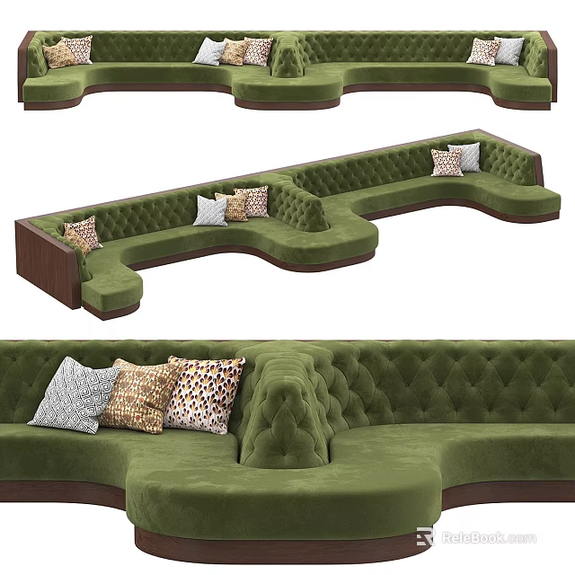 Green Velvet Sectional Sofa With Wooden Armrests And Tufted Design Throw Pillows 3d model 