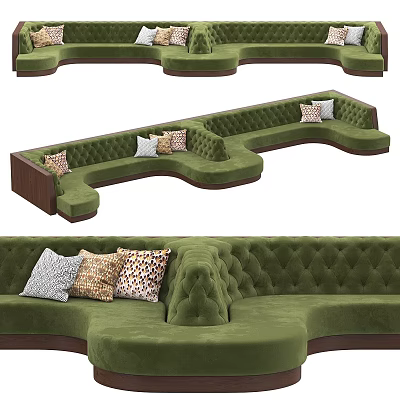 Green Velvet Sectional Sofa With Wooden Armrests And Tufted Design Throw Pillows 3d model