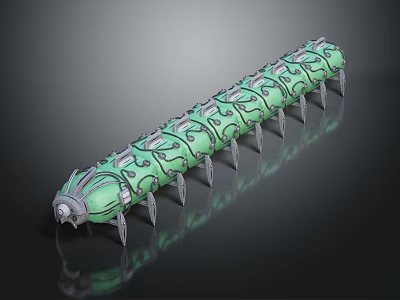3D Rendered Green Segmented Creature Character With Patterned Body Metallic Head And Multiple Legs 3d model