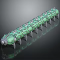 3D Rendered Green Segmented Creature Character With Patterned Body Metallic Head And Multiple Legs