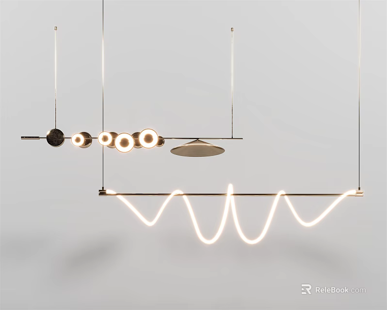 Modern Minimalist Pendant Lights With Wavy Linear Design And Circular Illuminated Elements 3d model 