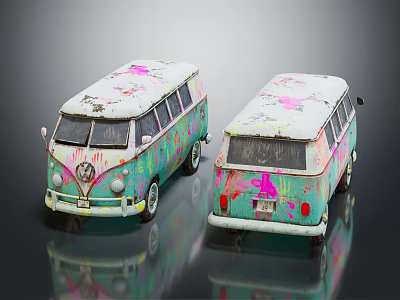 Two Vintage Volkswagen Vans With Turquoise Pink Graffiti And Retro Design 3d model