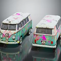 Two Vintage Volkswagen Vans With Turquoise Pink Graffiti And Retro Design