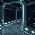 Futuristic Corridor Design With Metal Frames Transparent Windows Illuminated Light Strips And Sleek Metal Floor