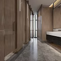 Public Restroom Modern Interior Design With Marble Walls Double Sinks Large Mirrors And Wooden Accents