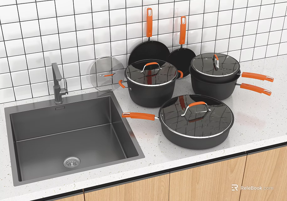 Modern Kitchen Countertop With Black Pots Orange Handles Sink And White Tiled Wall 3d model 