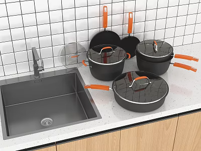 Modern Kitchen Countertop With Black Pots Orange Handles Sink And White Tiled Wall 3d model