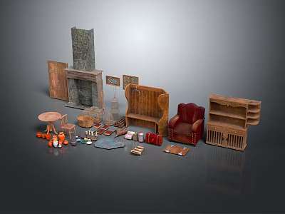 Various Home Furniture Pieces Including Chair Table Bookshelf And Decor Items Collection 3d model