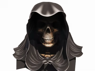 Hooded Skeleton Sculpture With Detailed Facial Features And Flowing Cloak Design 3d model