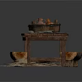 Rustic Wooden Table With Clay Pot Roasted Chicken Basket Bench And Straw