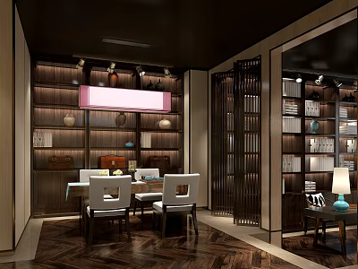 Elegant Club Interior With Wooden Bookshelves Dining Table And Pendant Light 3d model