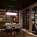 Elegant Club Interior With Wooden Bookshelves Dining Table And Pendant Light