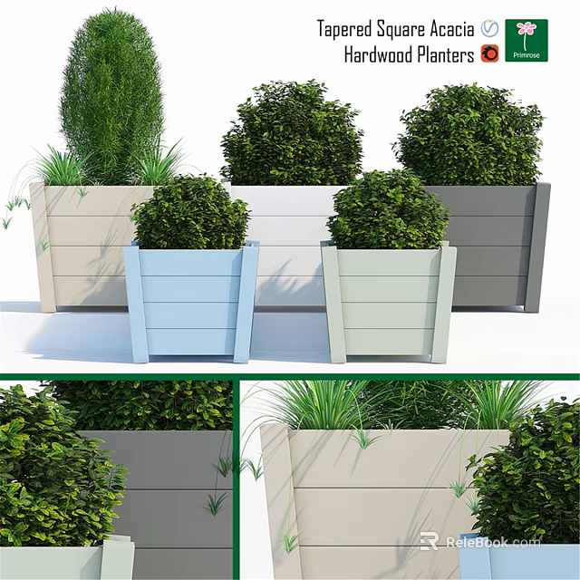 Stylish Decorative Ornament Set With Various Colored Planters And Green Plants 3d model 