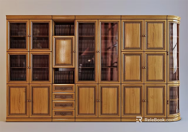 Wooden Bookcase with Glass and Solid Doors Drawer Storage and Shelving Design 3d model 