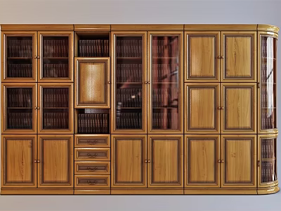 Wooden Bookcase with Glass and Solid Doors Drawer Storage and Shelving Design 3d model