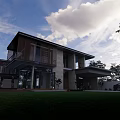 Modern Detached Villa Exterior With Glass Windows Wooden Facade And Green Lawn