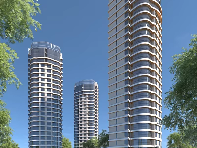 Tall High Rise Residential Buildings With Modern Design Surrounded By Green Trees Against Blue Sky 3d model