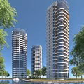 Tall High Rise Residential Buildings With Modern Design Surrounded By Green Trees Against Blue Sky