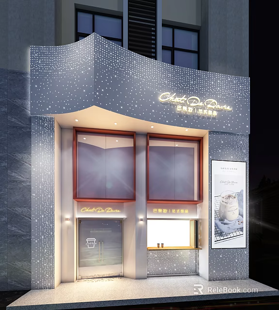 Modern Cafe Bakery Storefront Featuring Gray Wall White Dots Signboard Windows And Night Lighting 3d model