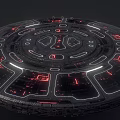 Futuristic Disk Structure With Red And White Glowing Lines And Complex Illuminated Patterns