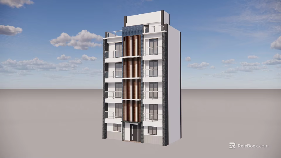 Modern Multi Storey Building Featuring White Exterior Brown Vertical Stripes Windows And Balconies 3d model 