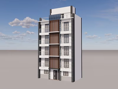 Modern Multi Storey Building Featuring White Exterior Brown Vertical Stripes Windows And Balconies 3d model