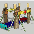 Colorful Playground Swing Ride With Multiple Seats Decorative Pillars And Sun Decorations