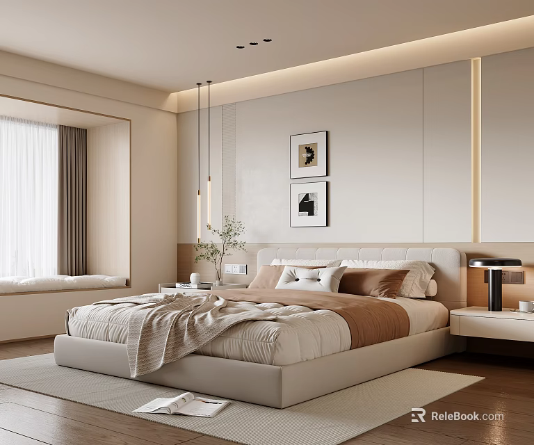 Modern Cozy Bedroom With Bed Bedding Wall Art Pendant Lights Curtains And Window Seat 3d model 