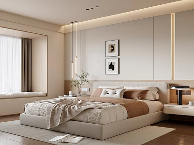 Modern Cozy Bedroom With Bed Bedding Wall Art Pendant Lights Curtains And Window Seat 3d model
