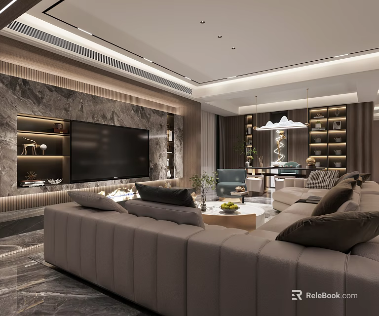 Modern Living and Dining Room With Marble Feature Wall Large Sofa Bookshelves And Pendant Lights 3d model 