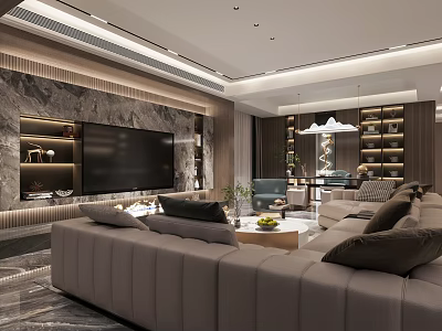 Modern Living and Dining Room With Marble Feature Wall Large Sofa Bookshelves And Pendant Lights 3d model