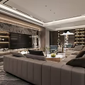 Modern Living and Dining Room With Marble Feature Wall Large Sofa Bookshelves And Pendant Lights