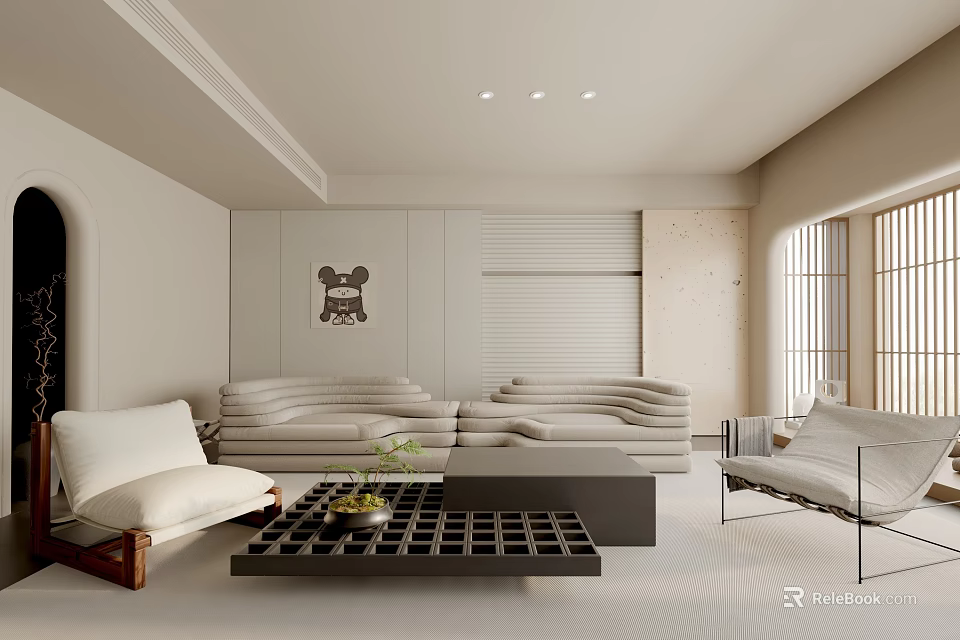 Modern Minimalist Living Room Interior With Beige Sofa Coffee Table And Wall Art 3d model 