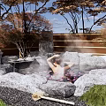 Serene Courtyard Garden With Natural Hot Spring Rocks Lush Trees Greenery And Relaxing Bathing Area