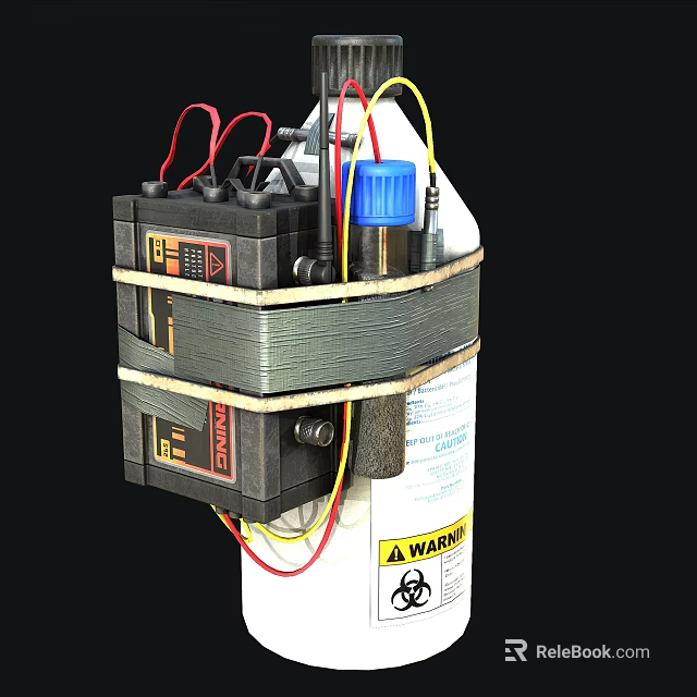 DIY Device Assembled With 12V Batteries Blue Cap Bottle Warning Label And Colored Wires 3d model 